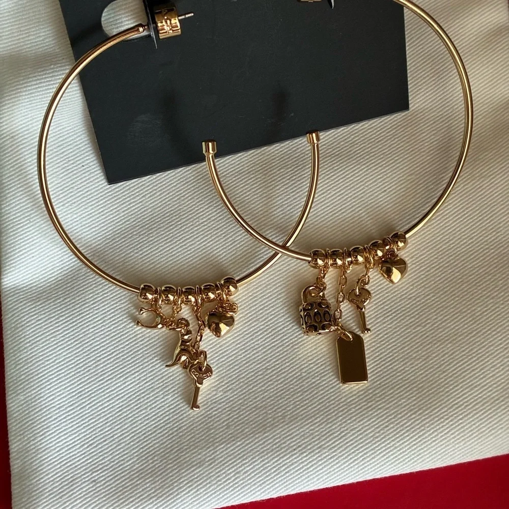 COACH Earrings,Coach Gold Hoop Earrings with Charms
